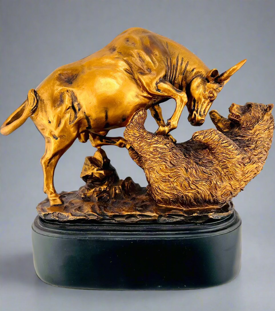 Charging Bull Fighting Bear Figurine 15” Large Wall Street Statuette Office Deco
