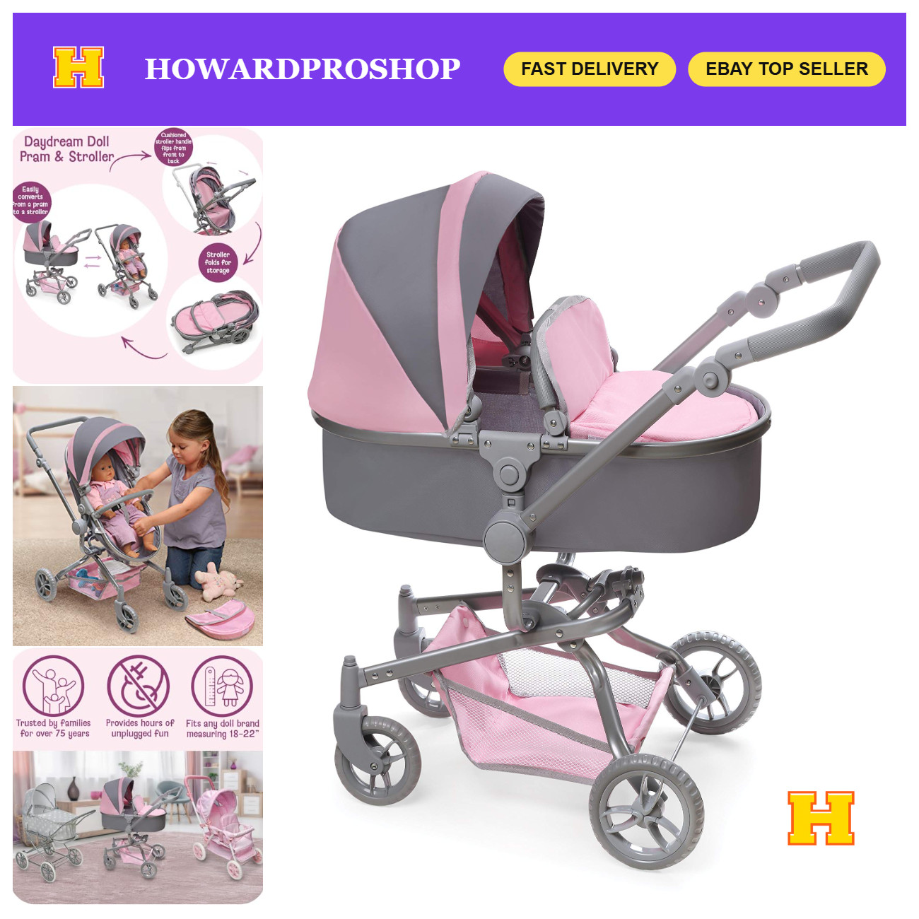 Badger Basket Foldable Doll Stroller & Pram with Canopy - Gray/Pink