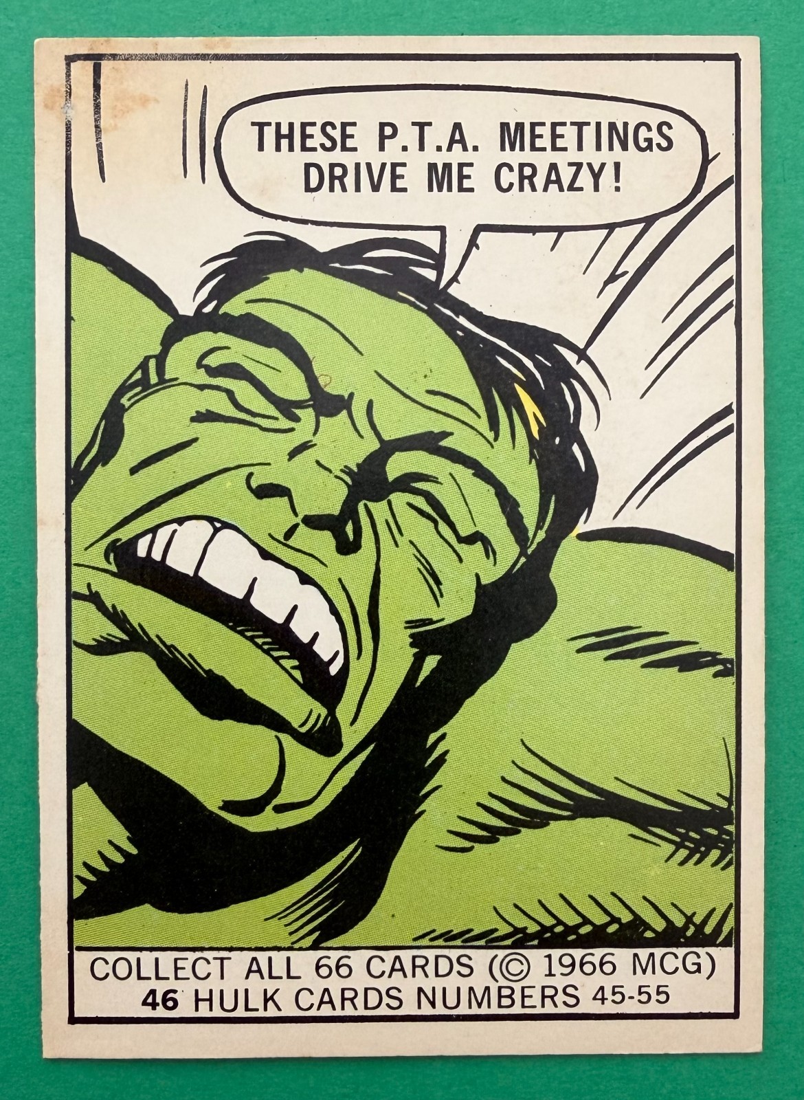 1966 DONRUSS MARVEL SUPER HEROES HULK #46 - THES P.T.A. MEETINGS DRIVE ME CRAZY 1966 DONRUSS MARVEL SUPER HEROES HULK #46 - THES P.T.A. MEETINGS DRIVE ME CRAZY