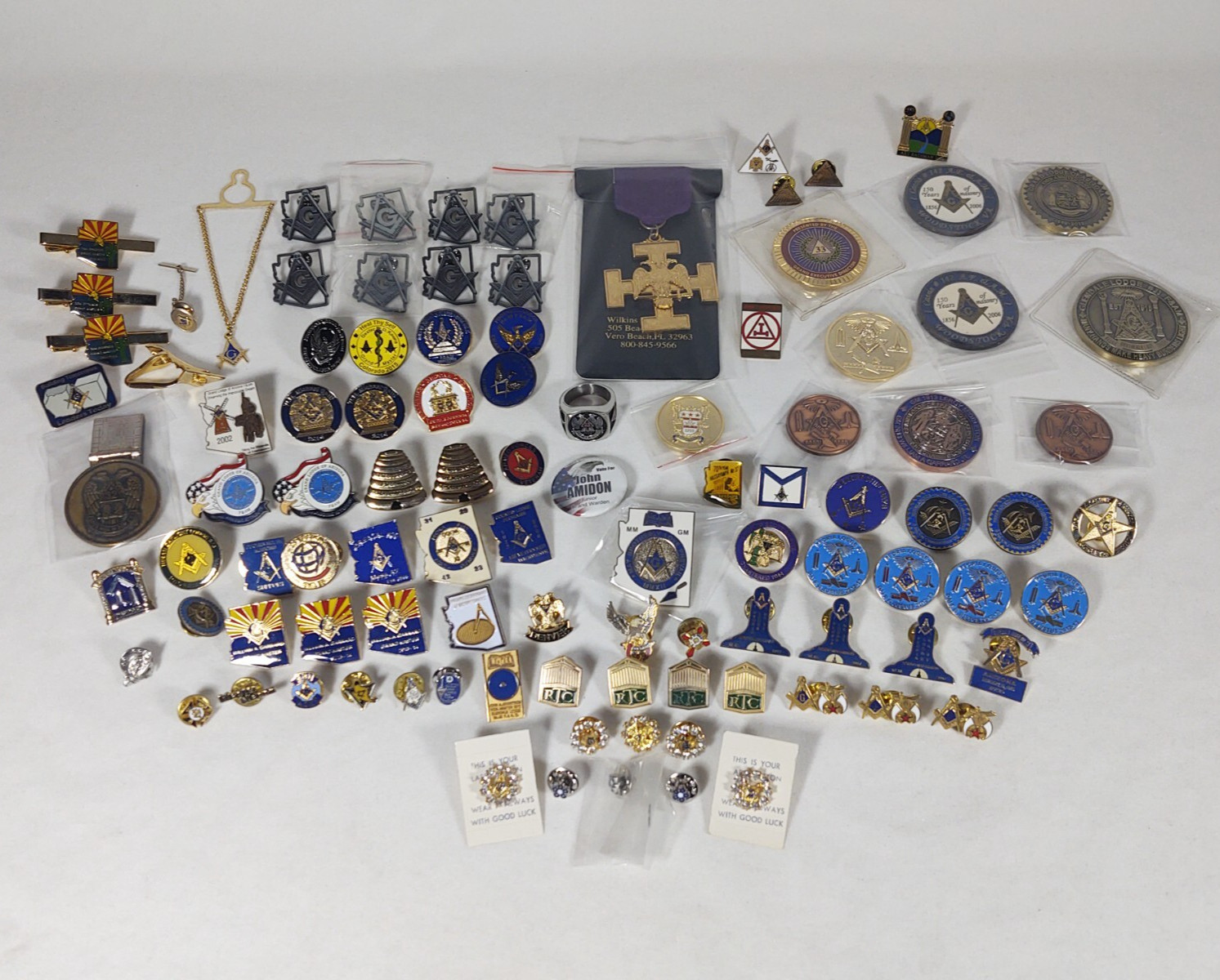 Huge Lot Freemason Masonic Memorabilia Ring Medals Coins Clasps Pins + Box Huge Lot Freemason Masonic Memorabilia Ring Medals Coins Clasps Pins + Box