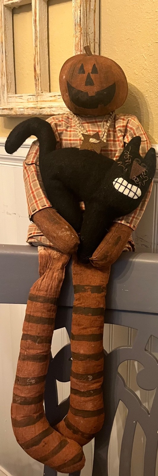 Primitive Halloween Pumpkin Doll Fabric Folk Art Black Cat Door Hang/Sitter 28