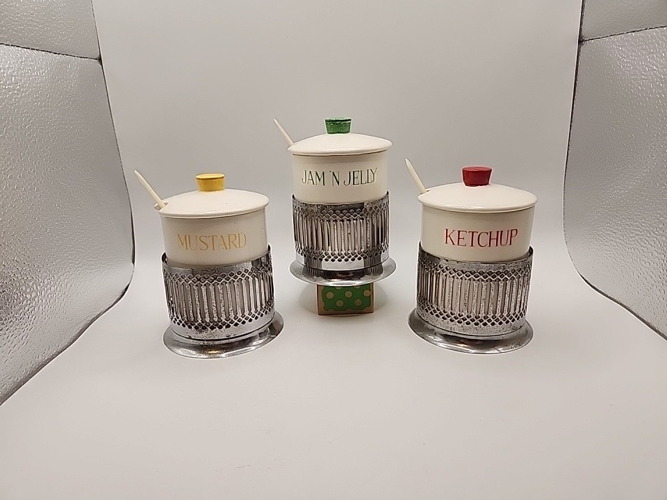 Vintage Set of 3 Porcelain & Metal Condiment Jars Mustard Ketchup Jam & Jelly