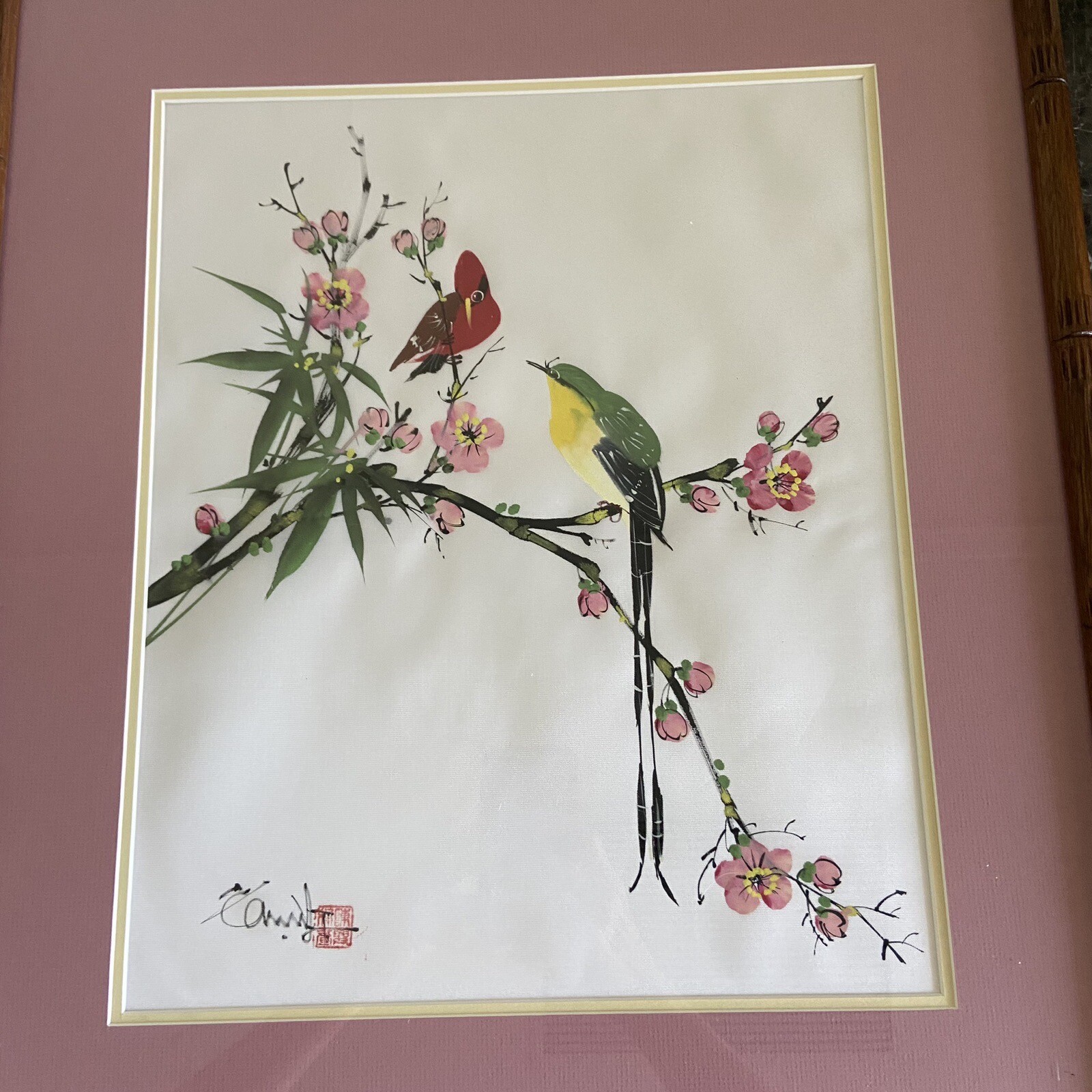 Asian Silk Artwork Hand Painted Vtg Signed Bird Matted Cherry Blossom Asian Silk Artwork Hand Painted Vtg Signed Bird Matted Cherry Blossom