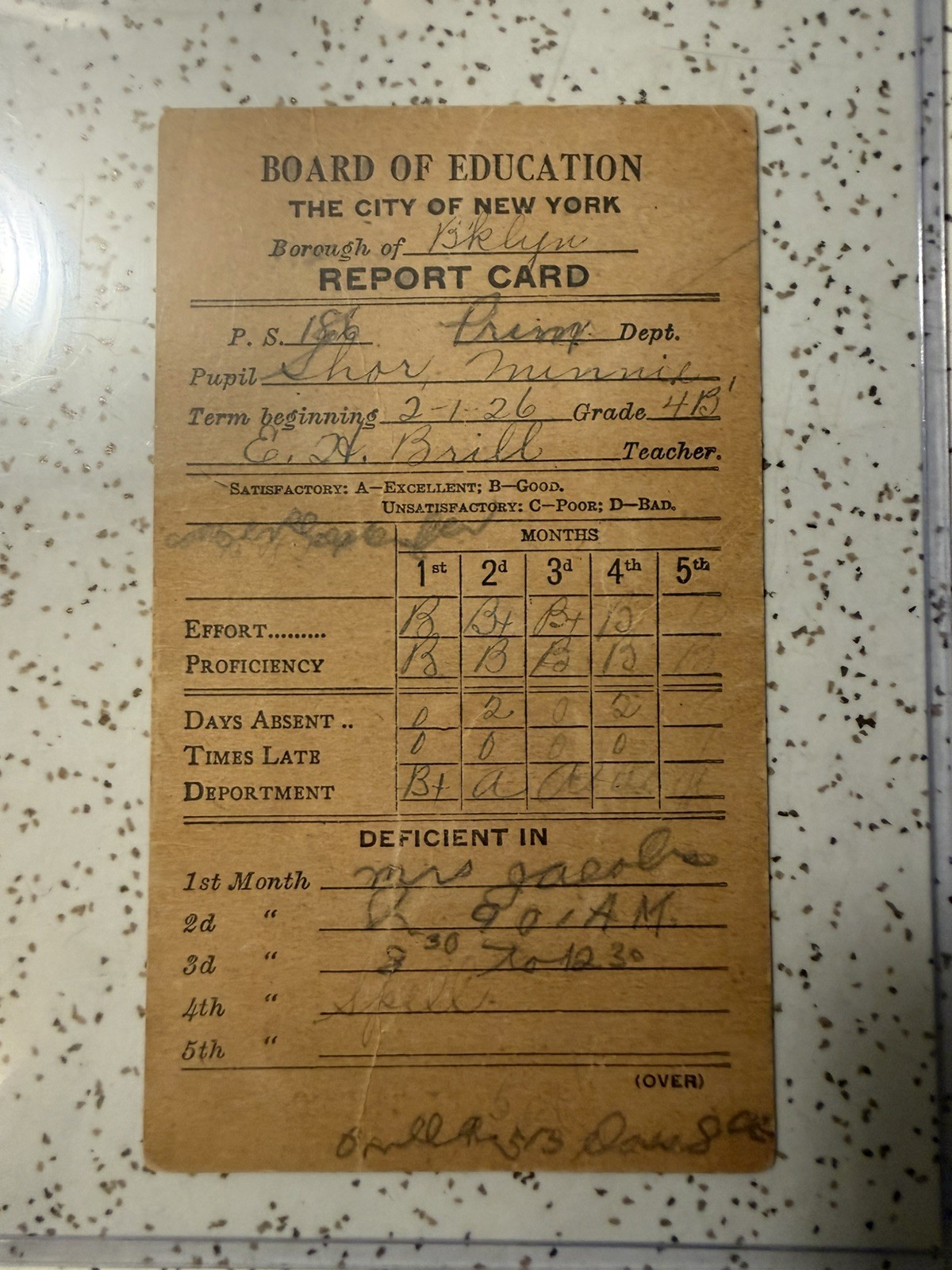 1926 NYC Board of Education Brooklyn PS 186 Antique Report Card School Ephemera 1926 NYC Board of Education Brooklyn PS 186 Antique Report Card School Ephemera