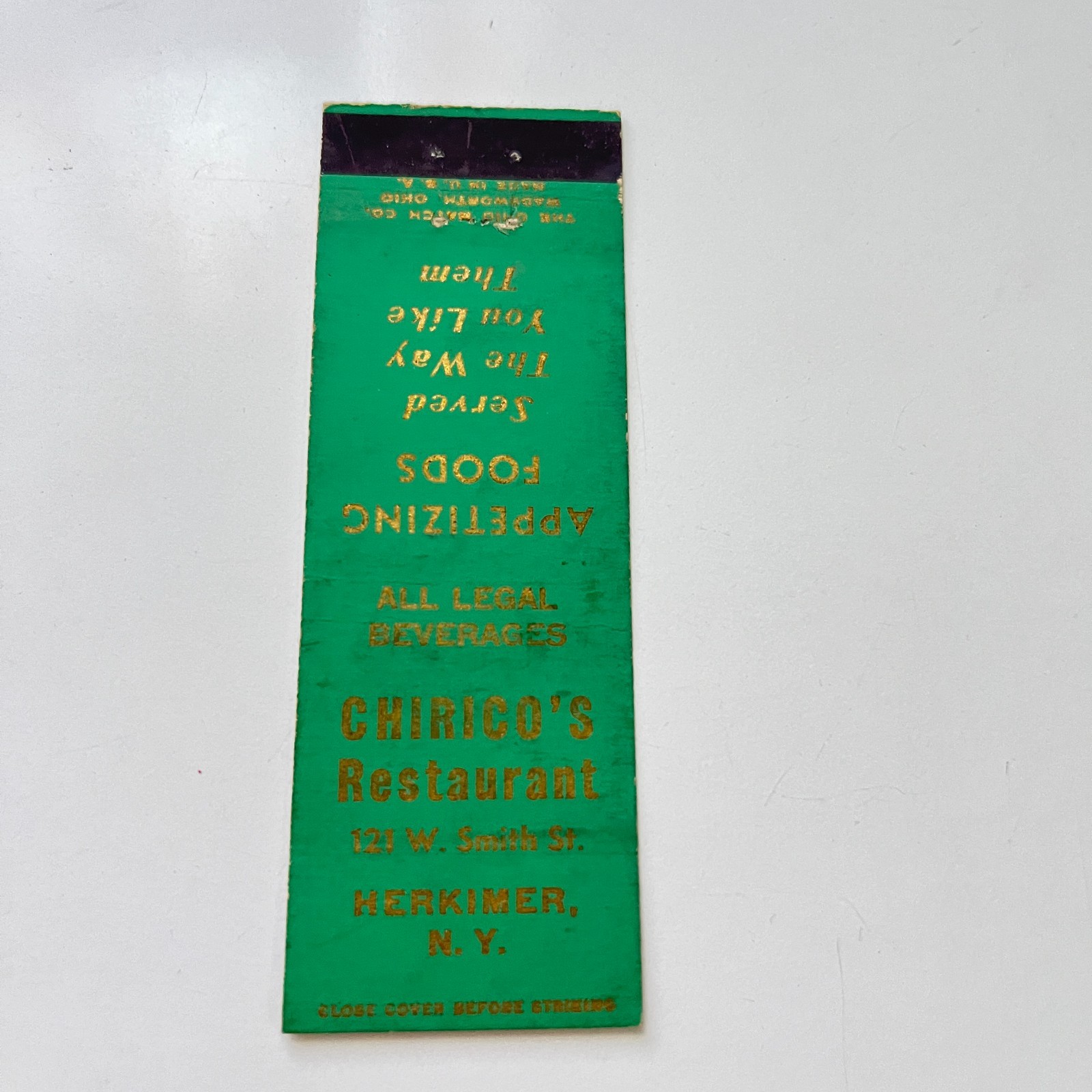 Chirico\'s Restaurant 124 W Smith St Herkimer NY Vintage Matchbook Cover 4MB102-1
