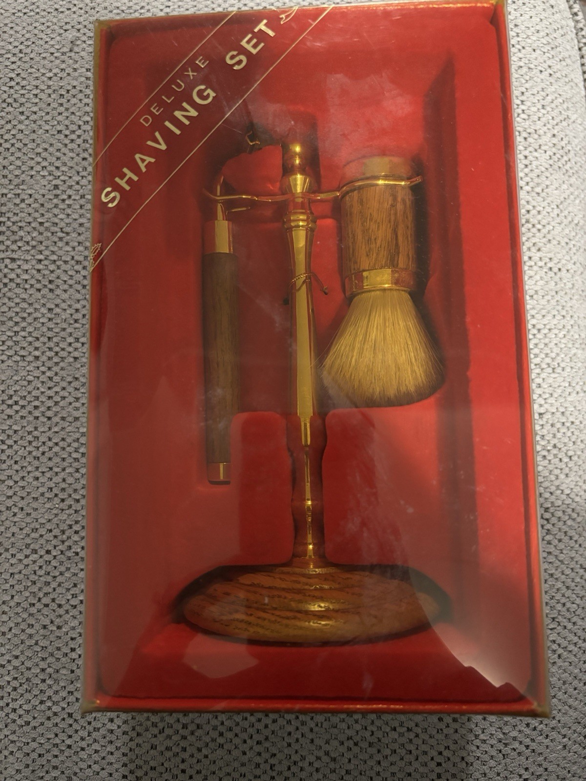 Vintage Deluxe Shaving Set Razor Brush Gold Tone Stand Wood Handles Boxed