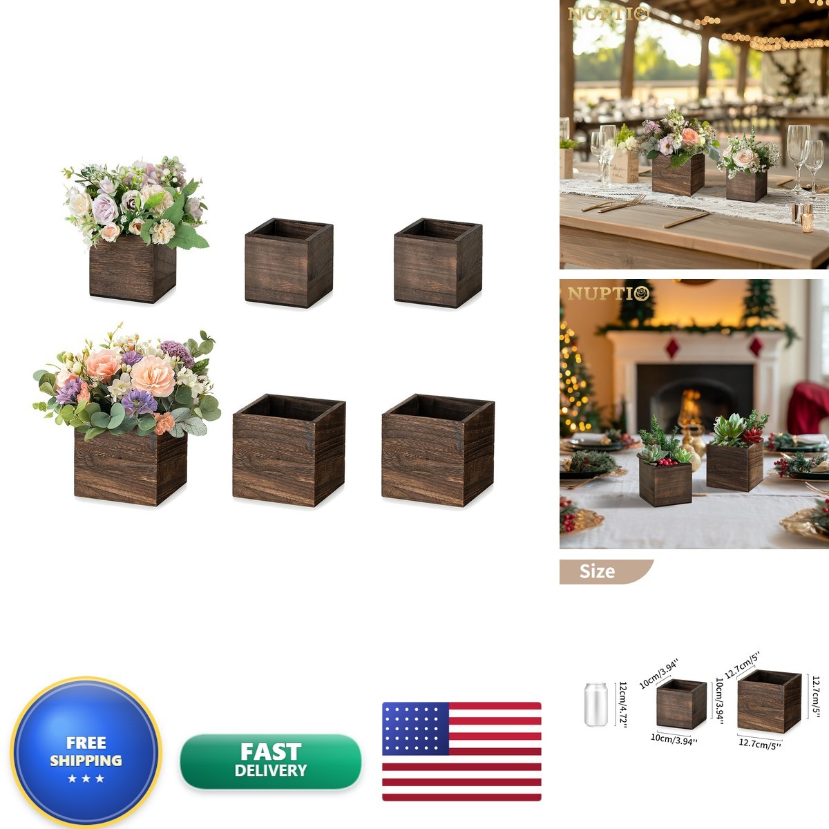 NUPTIO Small Wooden Box Centerpiece Brown Square 4 NUPTIO Small Wooden Box Centerpiece Brown Square 4