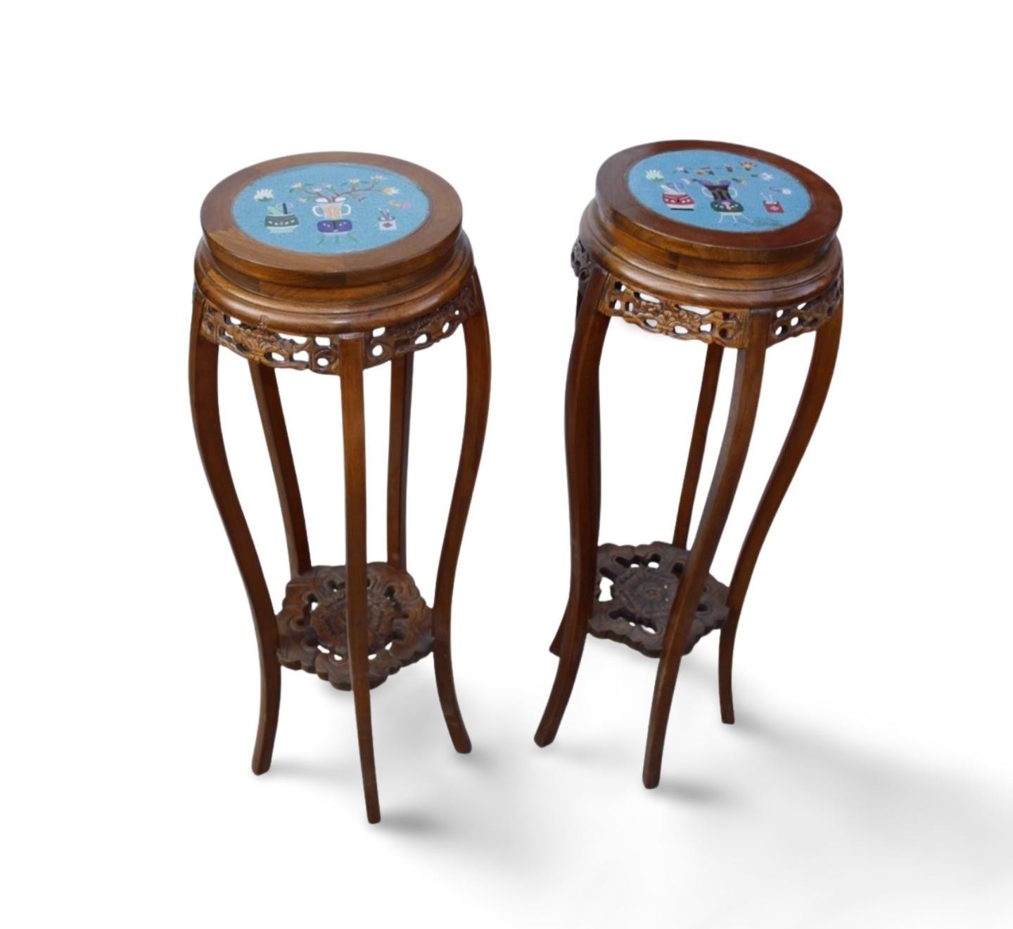 A Pair of Hardwood Pedestals with Cloisonne Top A Pair of Hardwood Pedestals with Cloisonne Top
