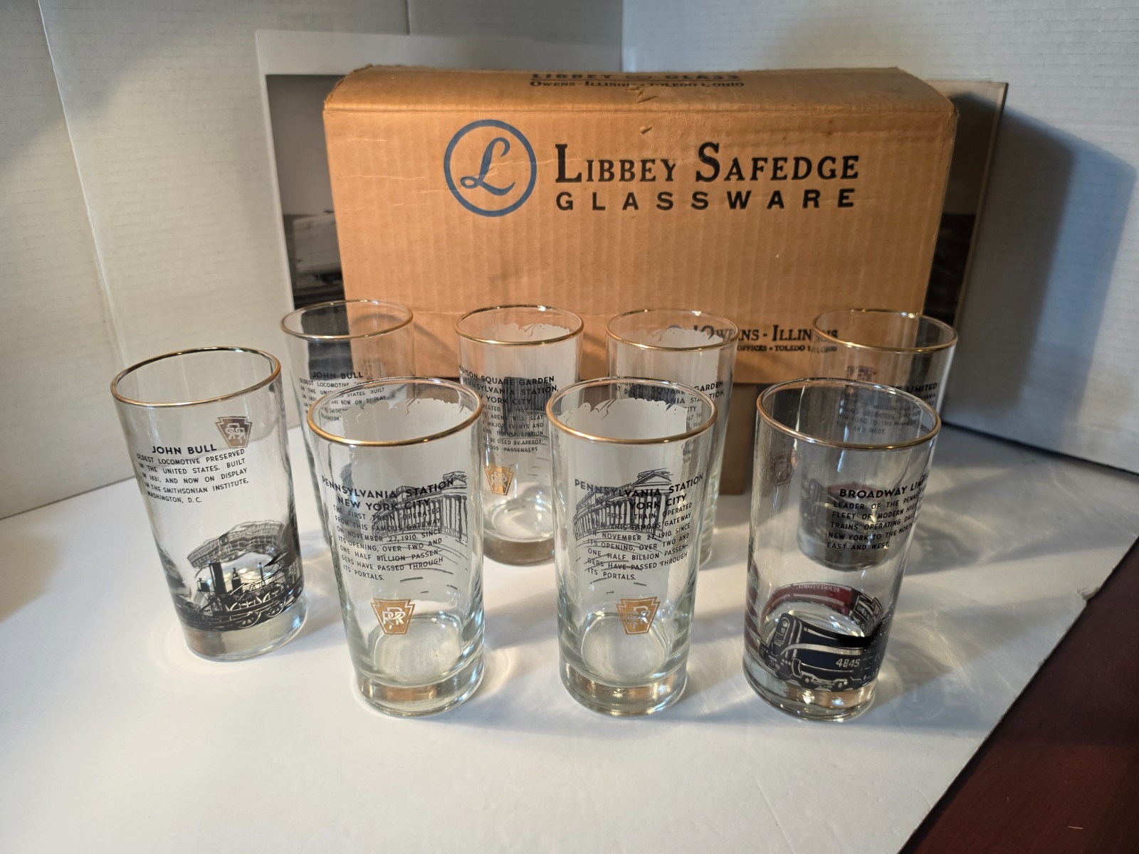Vintage Libbey Safedge Pennsylvania Railroad (PRR) Glassware Set of 8 in OB