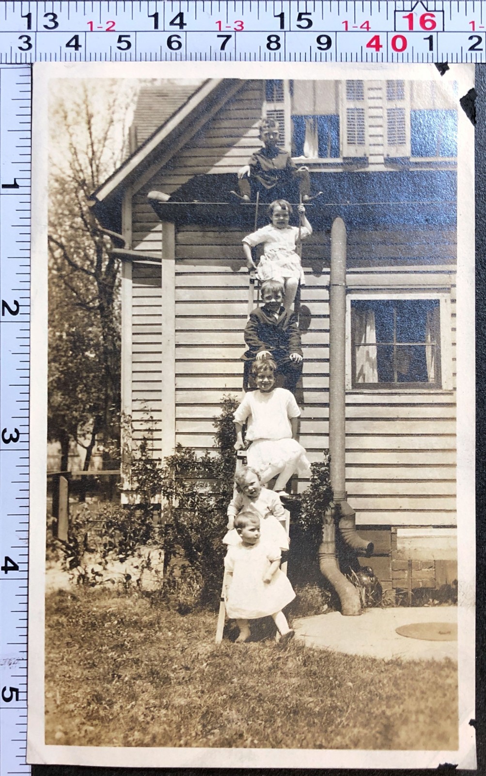 Six Children on Wooden Ladder House Dangerous BW Photo Snapshot
