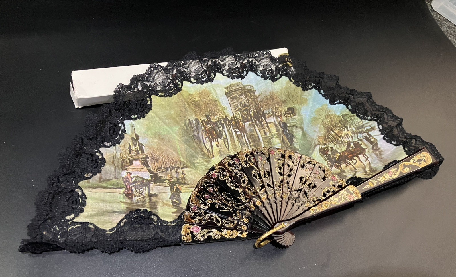 Vintage Italian Hand Fan Black Lace Souvenir Florence Italy Boxed Carriage