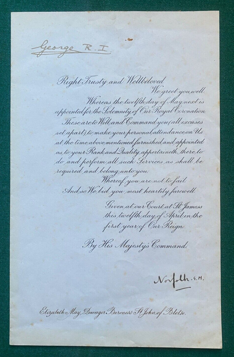 King George VI Queen Elizabeth Royal Coronation Summons to Baroness St John 1937