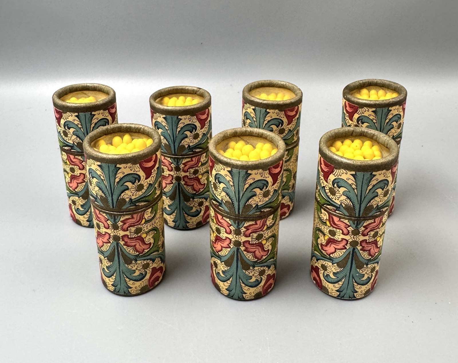 7 Vintage Italian Florentine Cylindrical Matchstick Containers Round Matchbox