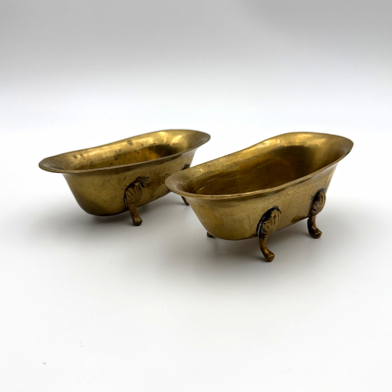 Pair Vintage Brass Miniature Clawfoot Bathtubs Soap Dishes Trinket Holders Set 