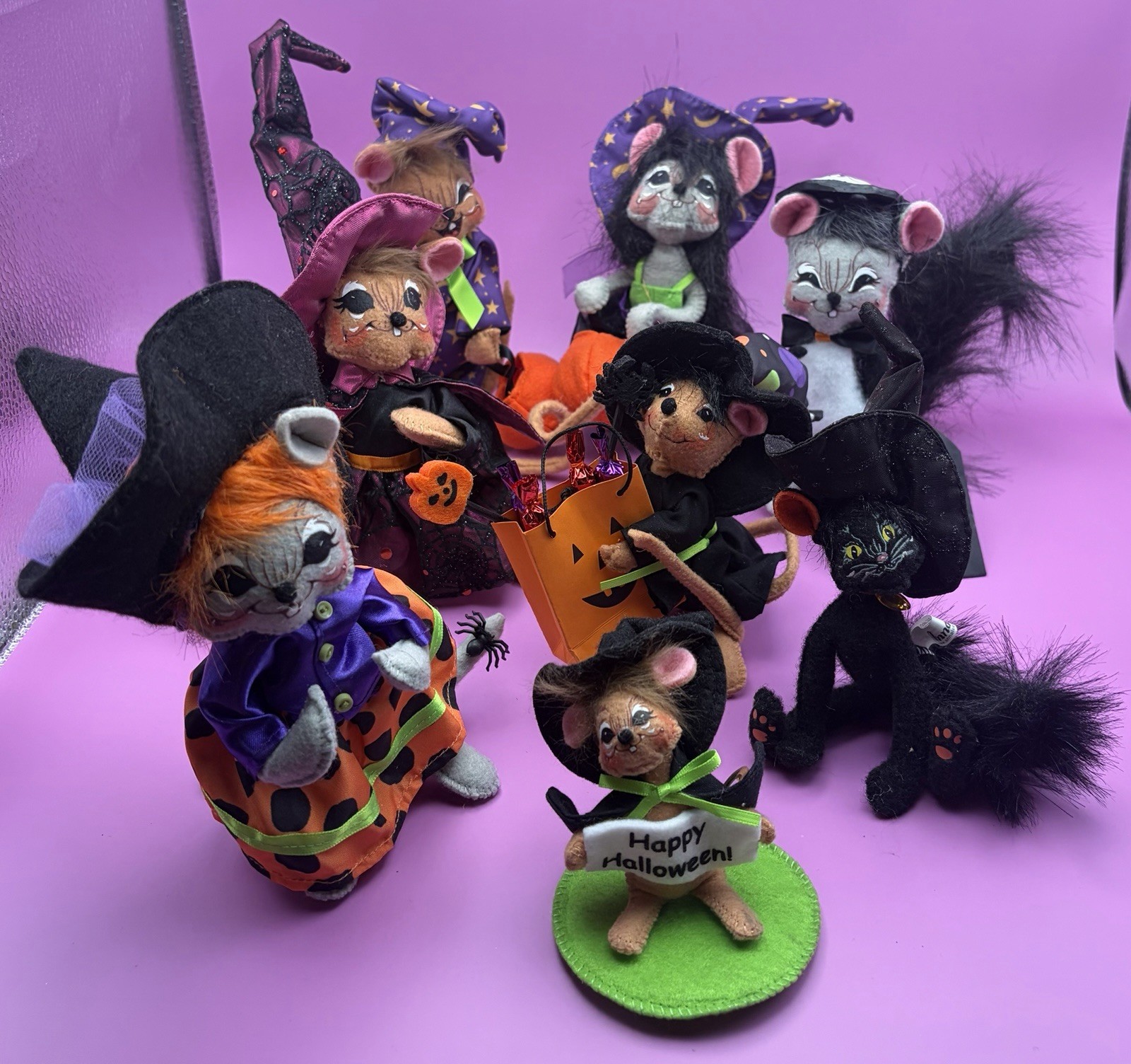 Annalee Halloween Lot of 9 Witch Mice Black Cat Figures Vintage