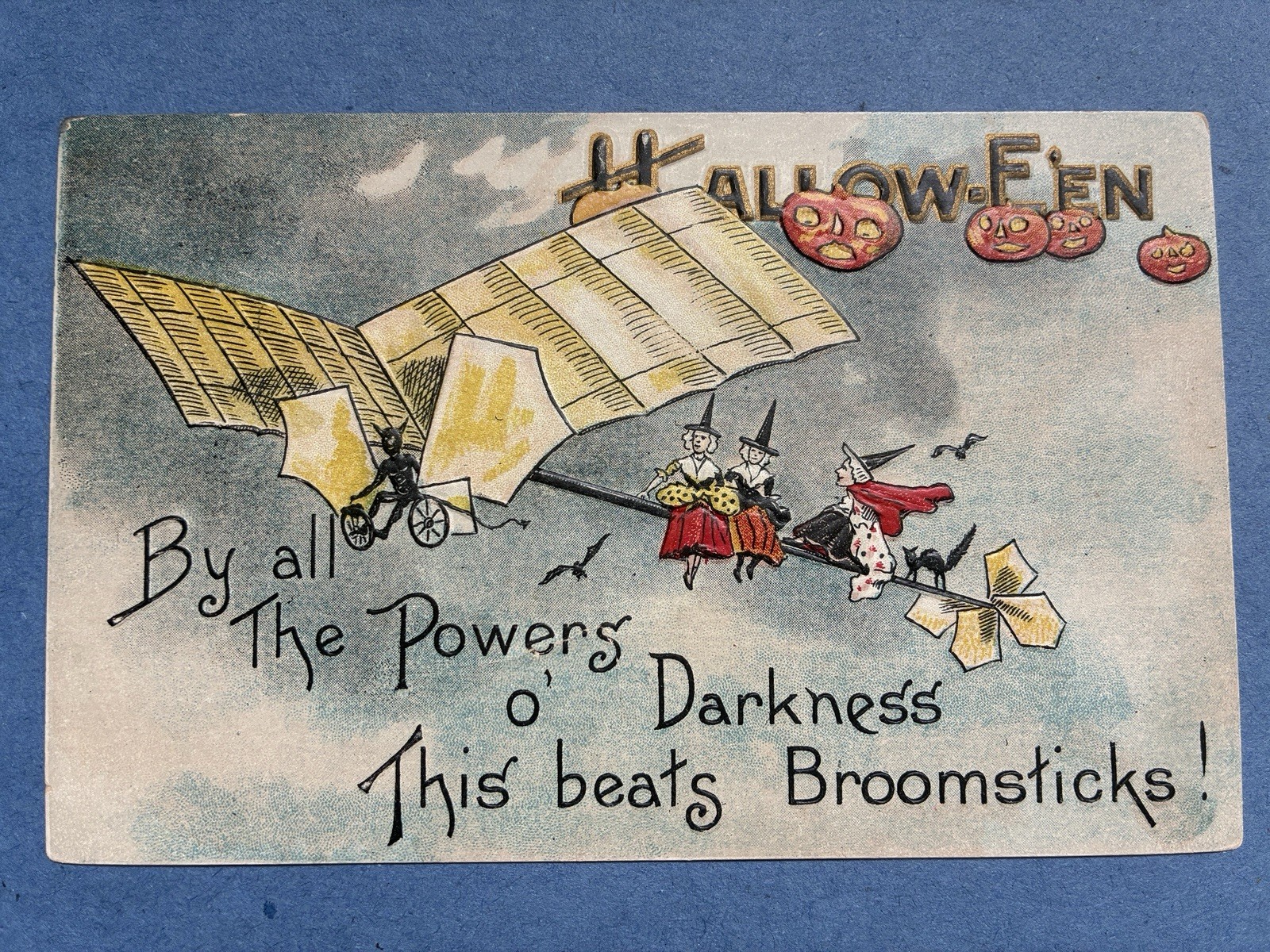 Vtg Antique Halloween Greeting Postcard Leubrie & Elkus Witch Flying Machine