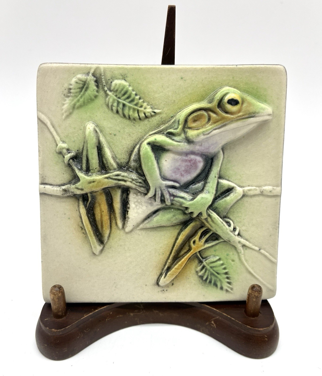 Vtg Natalie Surving Art Pottery 3D Tree Frog Tile Hand Painted 4” Sq Retired Vtg Natalie Surving Art Pottery 3D Tree Frog Tile Hand Painted 4” Sq Retired