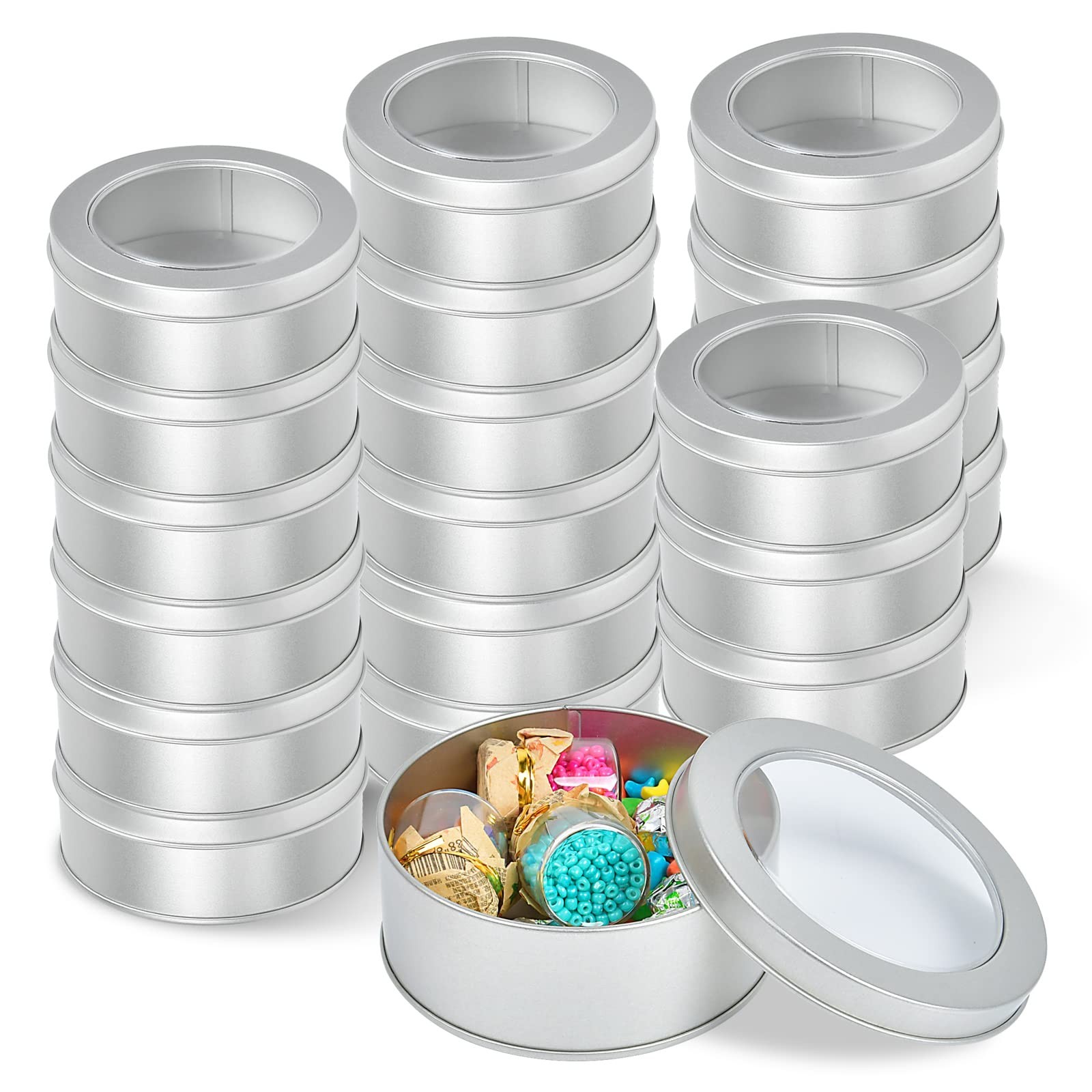 Metal Tin Cans, 20 Pack 6 Ounce Round Empty Containers, Metal Tins with Clear... Metal Tin Cans, 20 Pack 6 Ounce Round Empty Containers, Metal Tins with Clear...