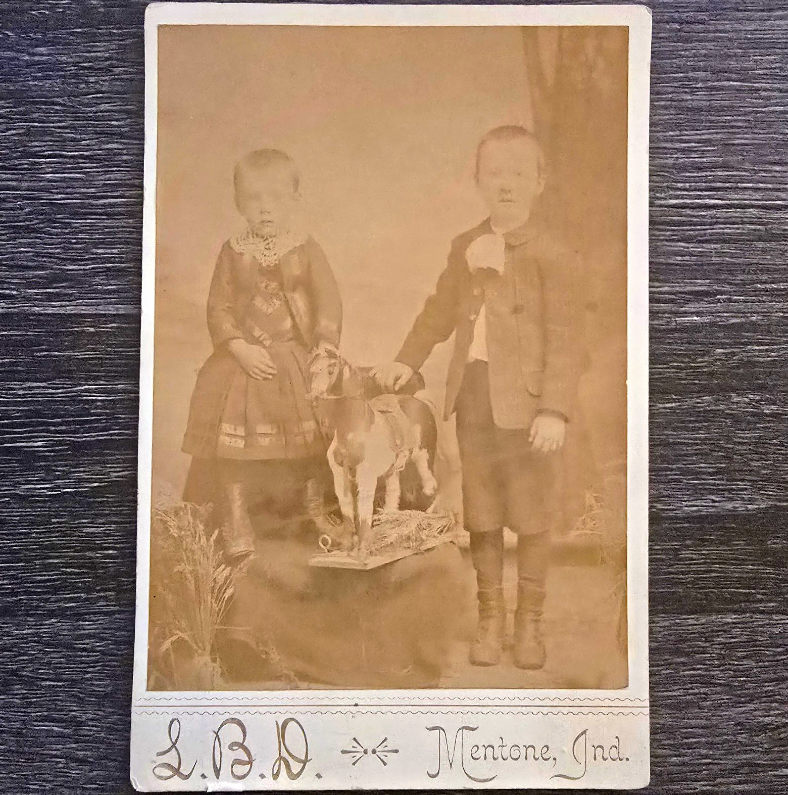 Antique Cabinet Card Children With Toy Horse Mentone Indiana Victorian Photo
