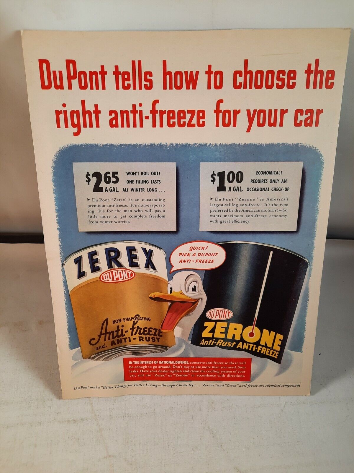 Dupont Anti Freeze Zerex Zerone Magazine Ad on cardboard backing 