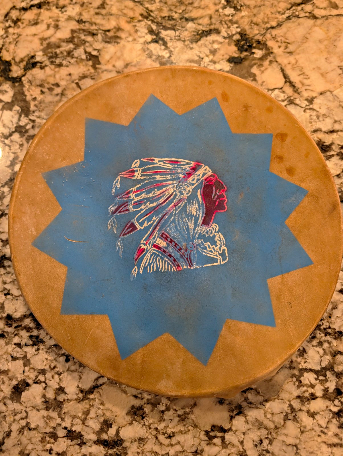 Vintage Rawhide Drum Head with Native American Graphic