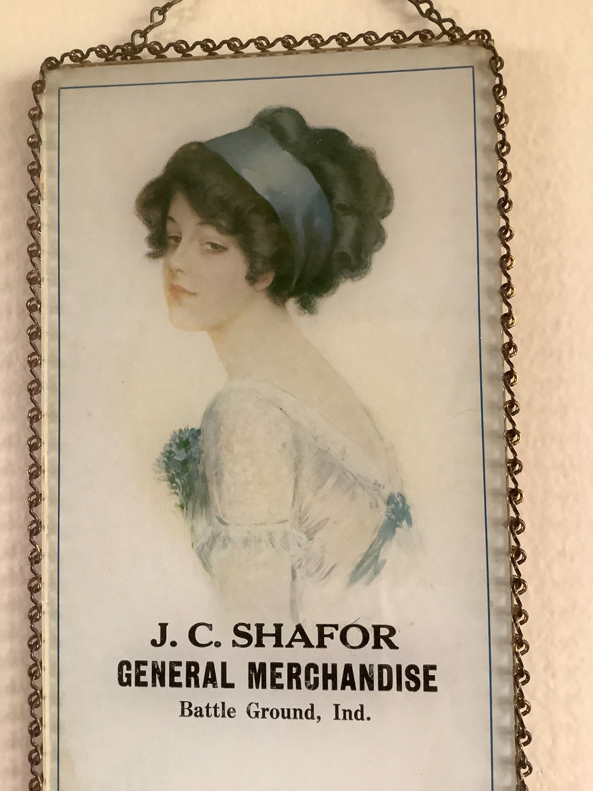 Antique 1912 advertising in chain frame under glass for store Battle Ground, IN Antique 1912 advertising in chain frame under glass for store Battle Ground, IN