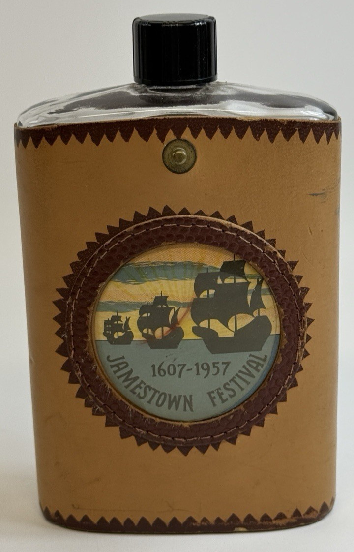 Vintage 1957 Jamestown Festival 1607-1957 Glass Flask Leather Wrap Souvenir
