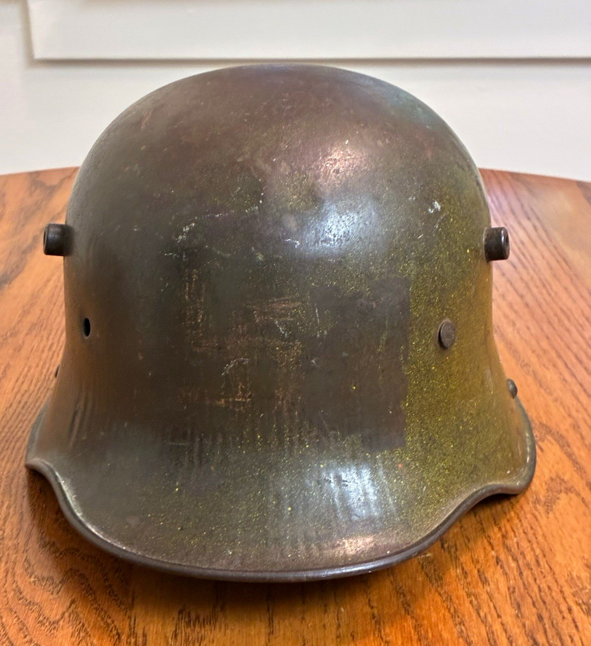 Vintage German-Style Green Steel Military Helmet, Liner Removed, No Markings Vintage German-Style Green Steel Military Helmet, Liner Removed, No Markings