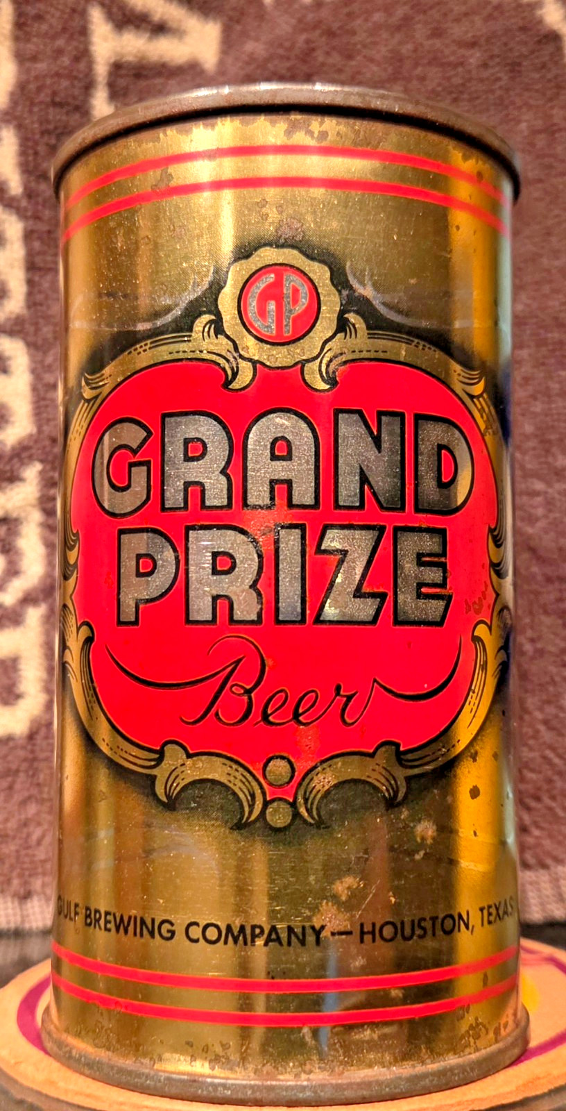 1949 GRAND PRIZE STEEL FLAT TOP STEEL BEER CAN HOUSTON TEXAS IRTP EMPTY & OPEN