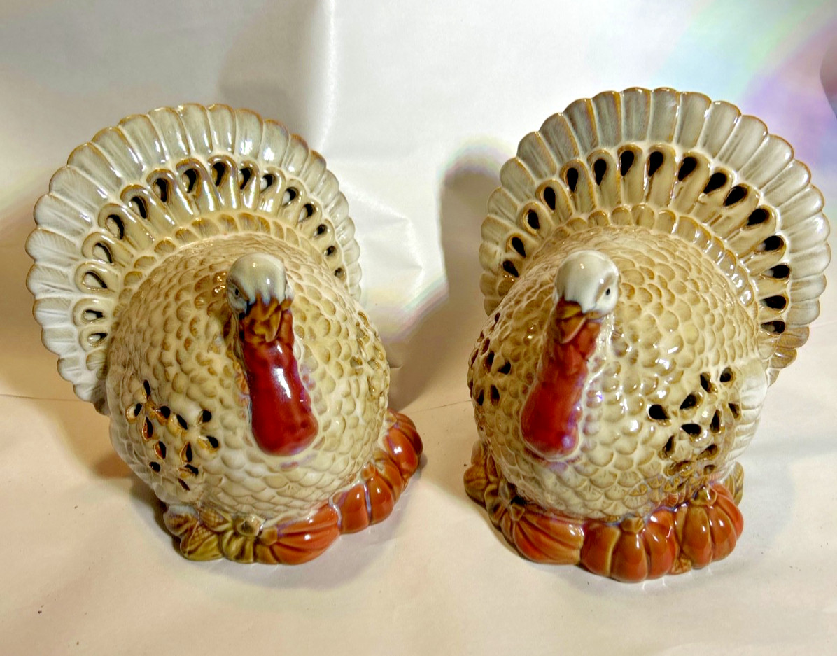 Vintage Ceramic Turkey Figurines Pair Thanksgiving Table Decor Pumpkins 6\