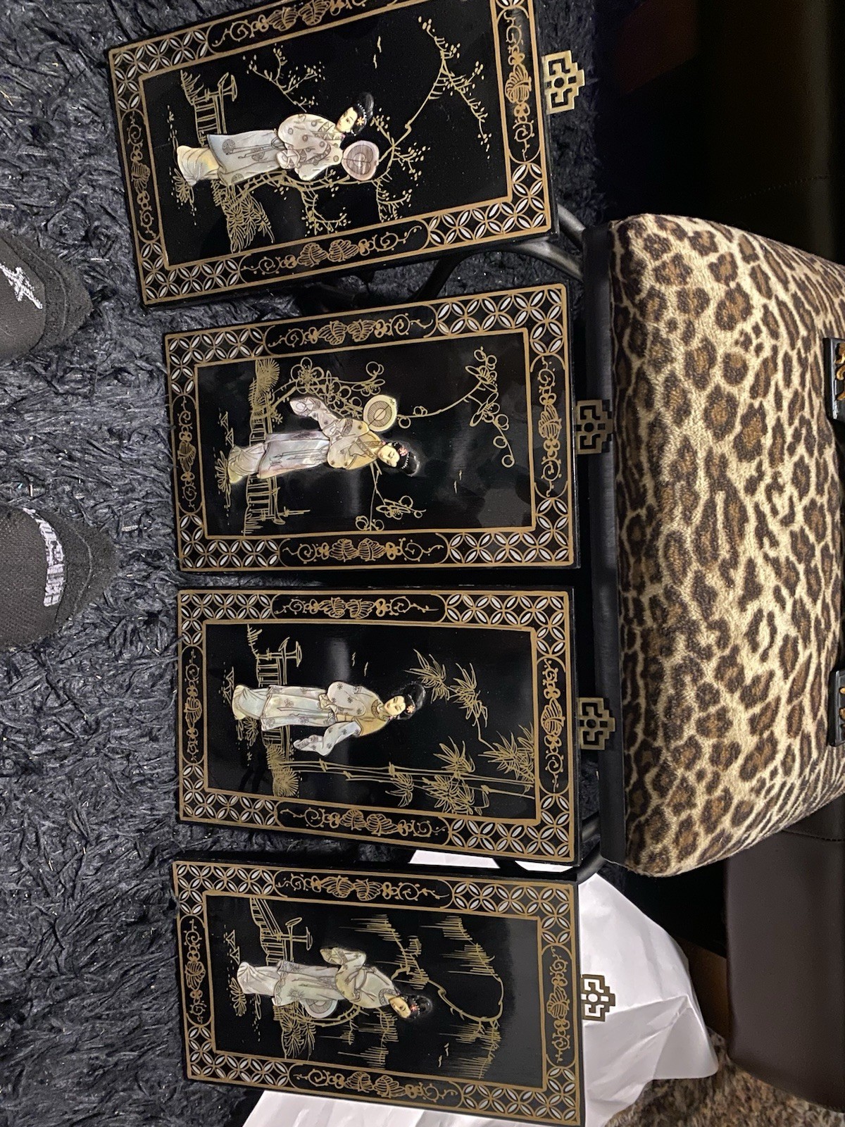 Set of 4 Vintage Asian Black Lacquer Panels with “Mother of Pearl” Inlay Set of 4 Vintage Asian Black Lacquer Panels with “Mother of Pearl” Inlay