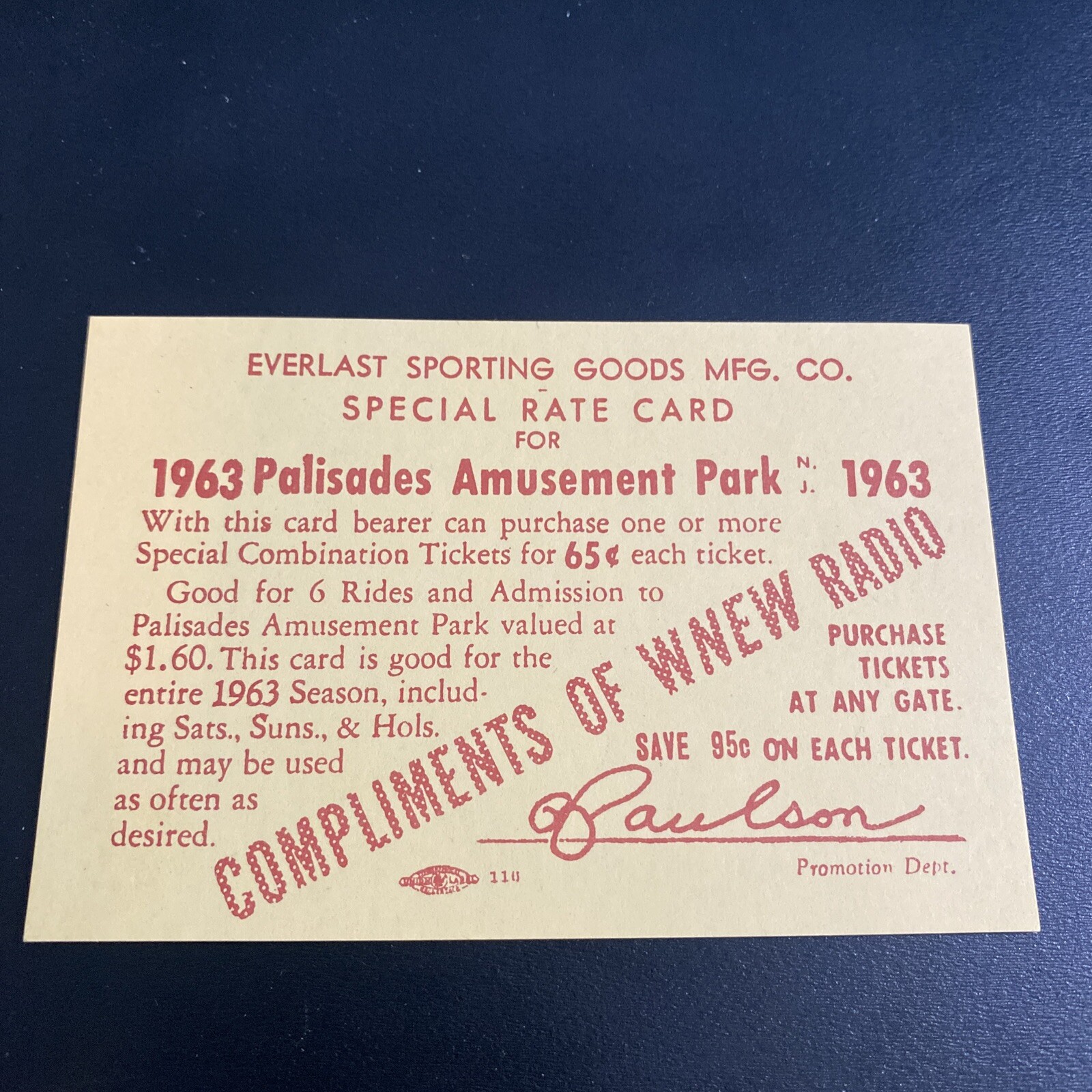 Vintage 1963 Palisades Amusement Park Ride Ticket New Jersey WNEW Radio Pass Vintage 1963 Palisades Amusement Park Ride Ticket New Jersey WNEW Radio Pass
