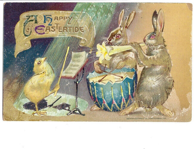 c1910s Happy Eastertide Chick Bunnies Music Drums Horn Anthropomorphic Postcard