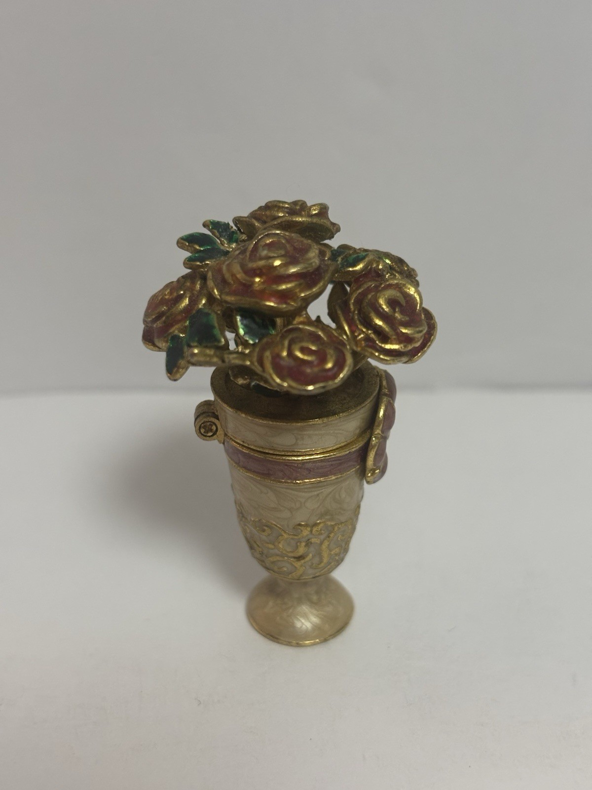 Vintage MONET Signed Enamel Rose Bouquet in Vase Hinged Trinket Box Keepsake
