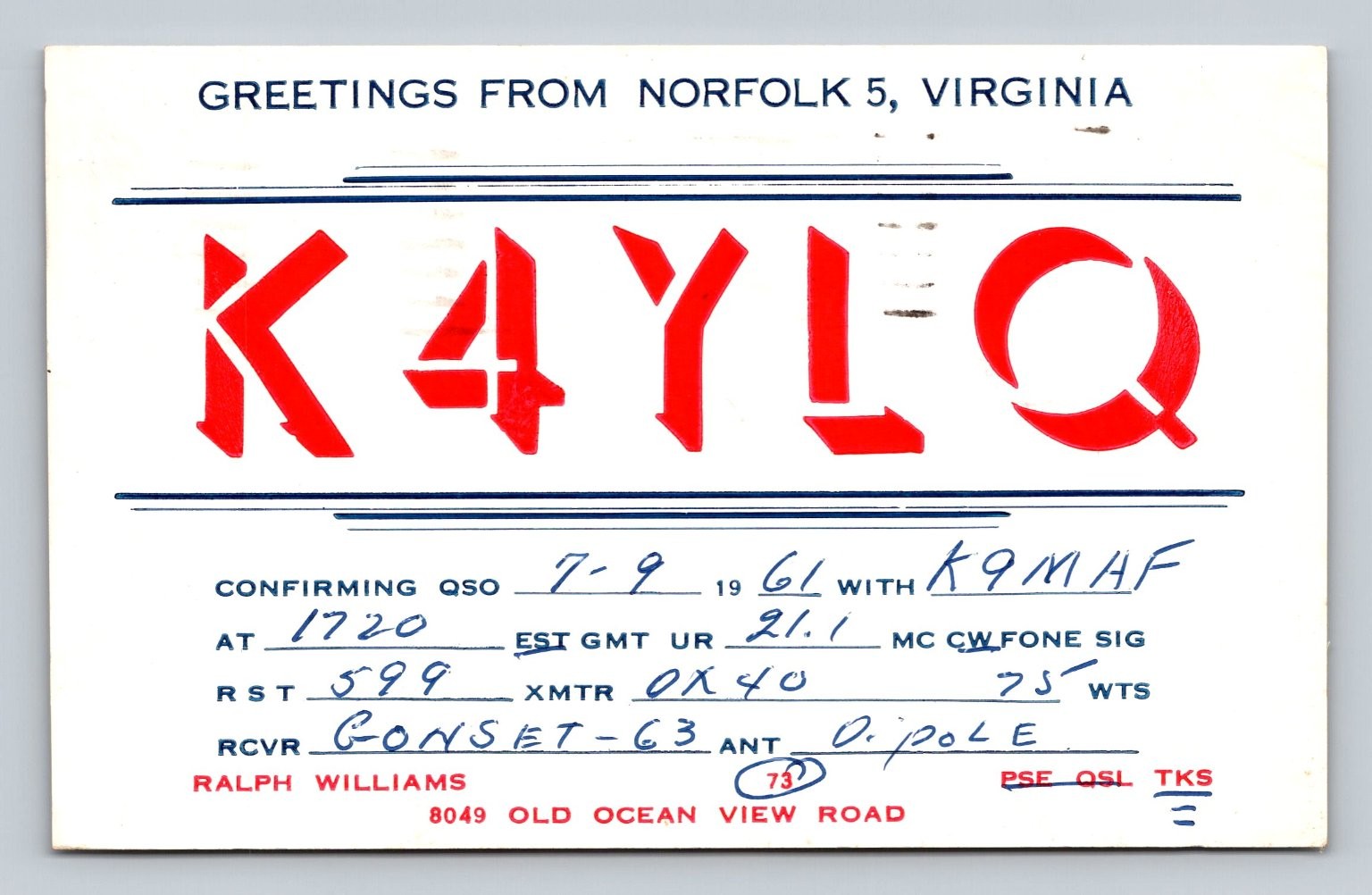 Ham Radio QSL K4YLQ Norfolk Virginia 1961 Gonset G3 Transmitter Ham Radio QSL K4YLQ Norfolk Virginia 1961 Gonset G3 Transmitter