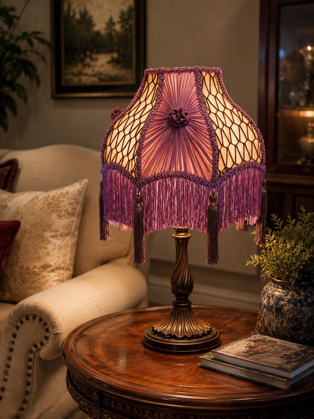 Handmade Victorian Fringe Lampshade – Elegant Vintage Fabric Design Handmade Victorian Fringe Lampshade – Elegant Vintage Fabric Design