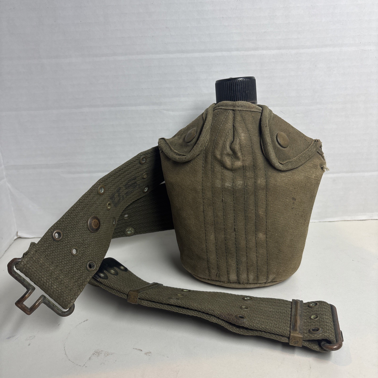 Vintage US Military Canteen w/ Canvas Cover & Web Belt Strap Marked S MCO 1943 Vintage US Military Canteen w/ Canvas Cover & Web Belt Strap Marked S MCO 1943