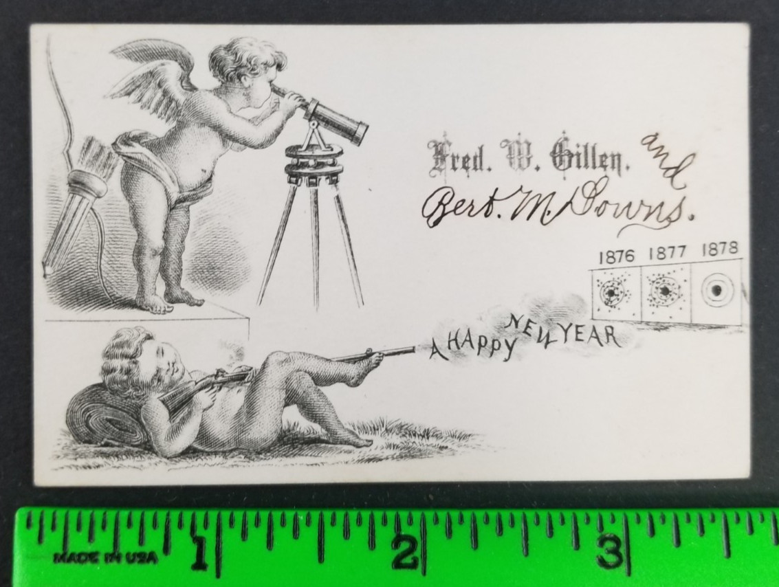 Vintage 1878 Happy New Year Cherubs Gun Angel Business Card Vintage 1878 Happy New Year Cherubs Gun Angel Business Card