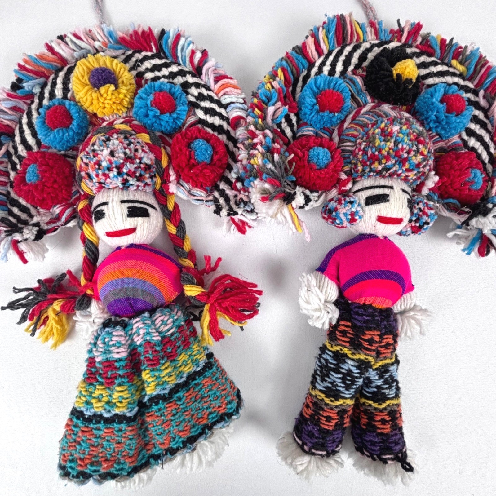 Vintage Mexican Aztec Yarn Folk Art Dolls Girl Boy Set of 2 17