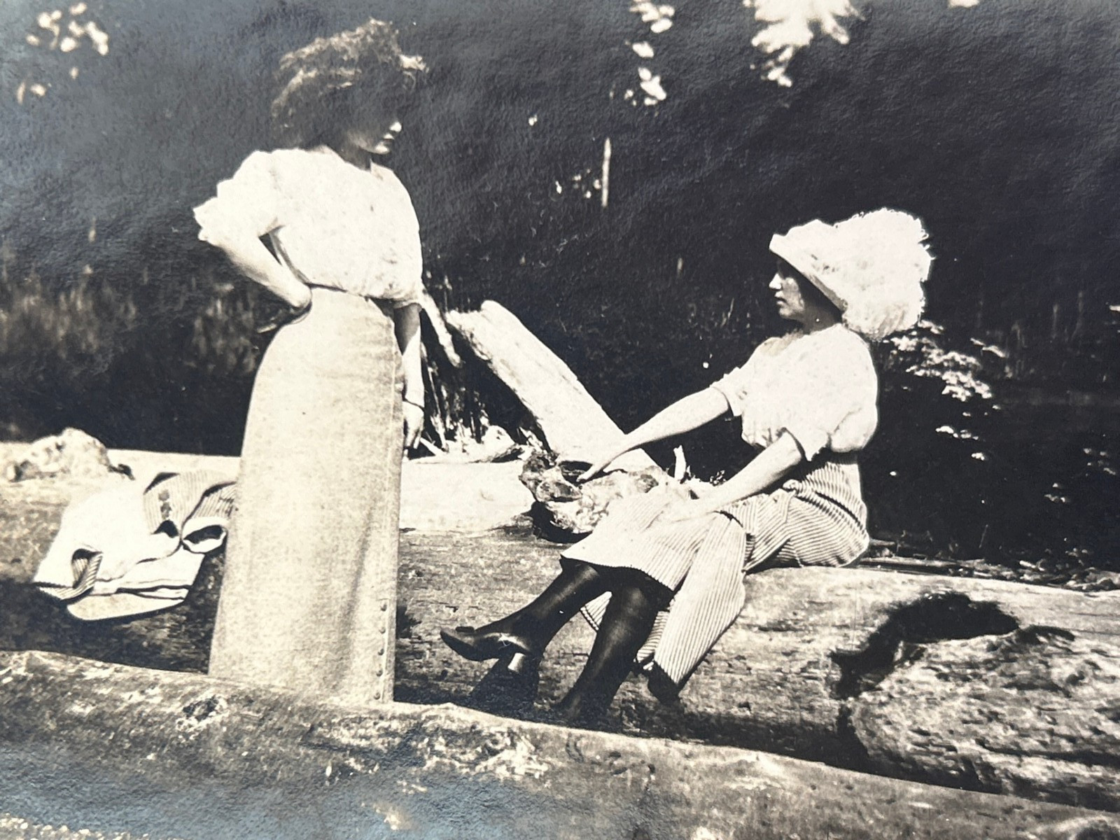 1910s Two Women Lakeside Log Vintage Photo