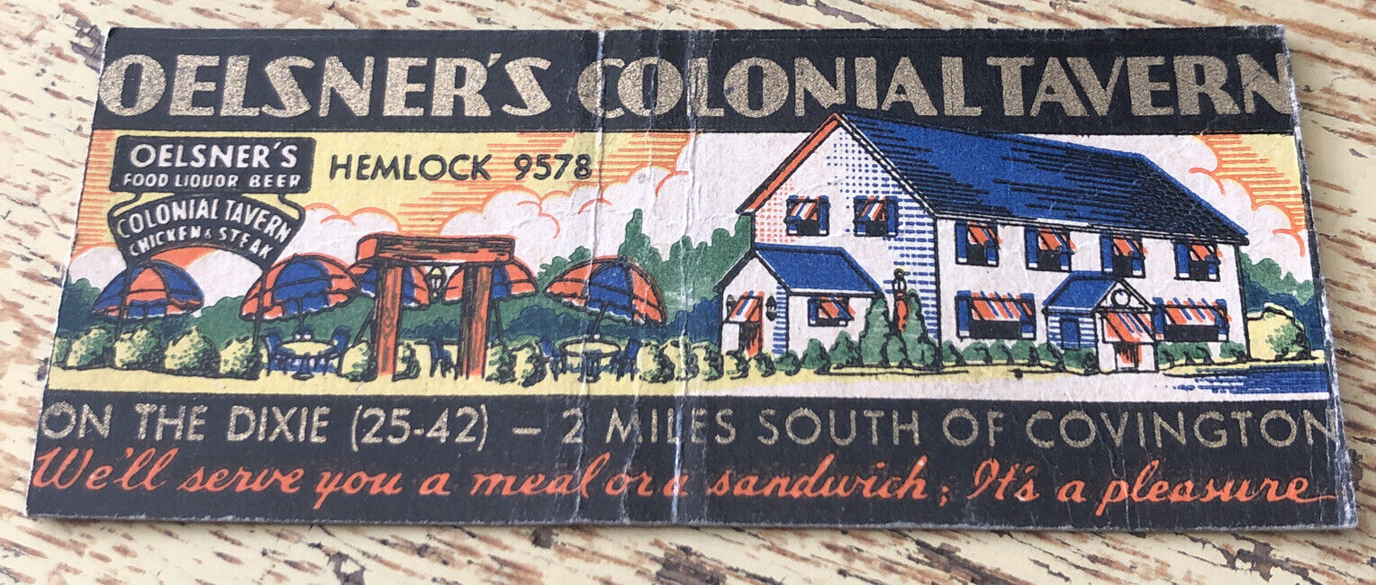 1930s-40s Oelsner’s Colonial Tavern Matchbook Cover Covington Kentucky