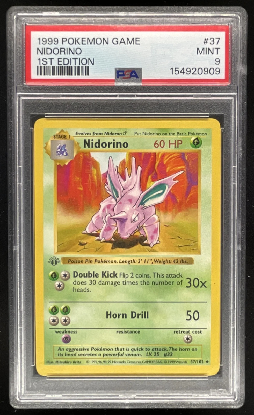 1999 Pokemon 1st Edition Set #37/102 Nidorino PSA 9 1999 Pokemon 1st Edition Set #37/102 Nidorino PSA 9