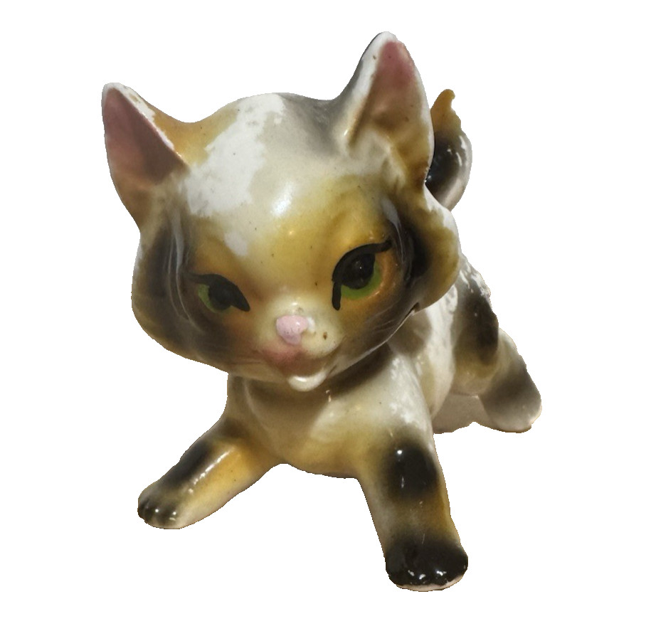 Vintage Cat Figurine Playful Artline Japan Big Green Eyes Pink Nose Vintage Cat Figurine Playful Artline Japan Big Green Eyes Pink Nose