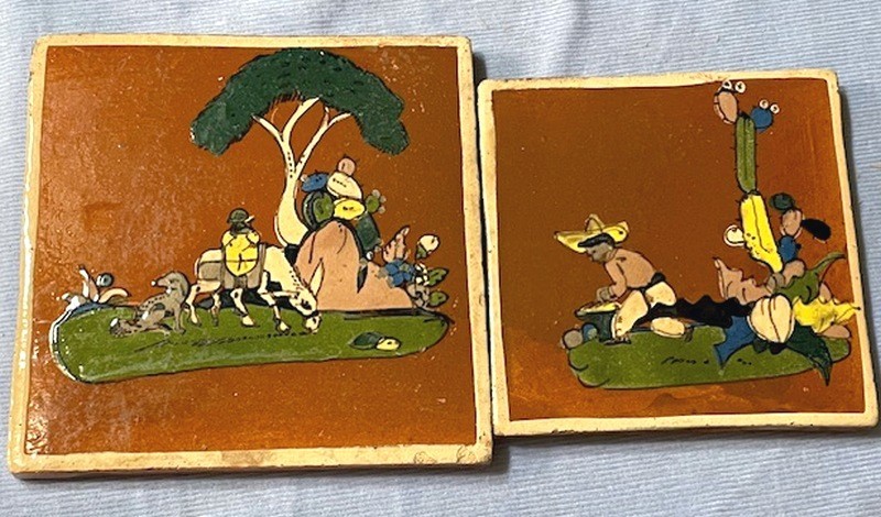 2 VINTAGE OLD TLAQUEPAQUE MEXICO FOLK POTTERY TILE TILES 2 2 VINTAGE OLD TLAQUEPAQUE MEXICO FOLK POTTERY TILE TILES 2