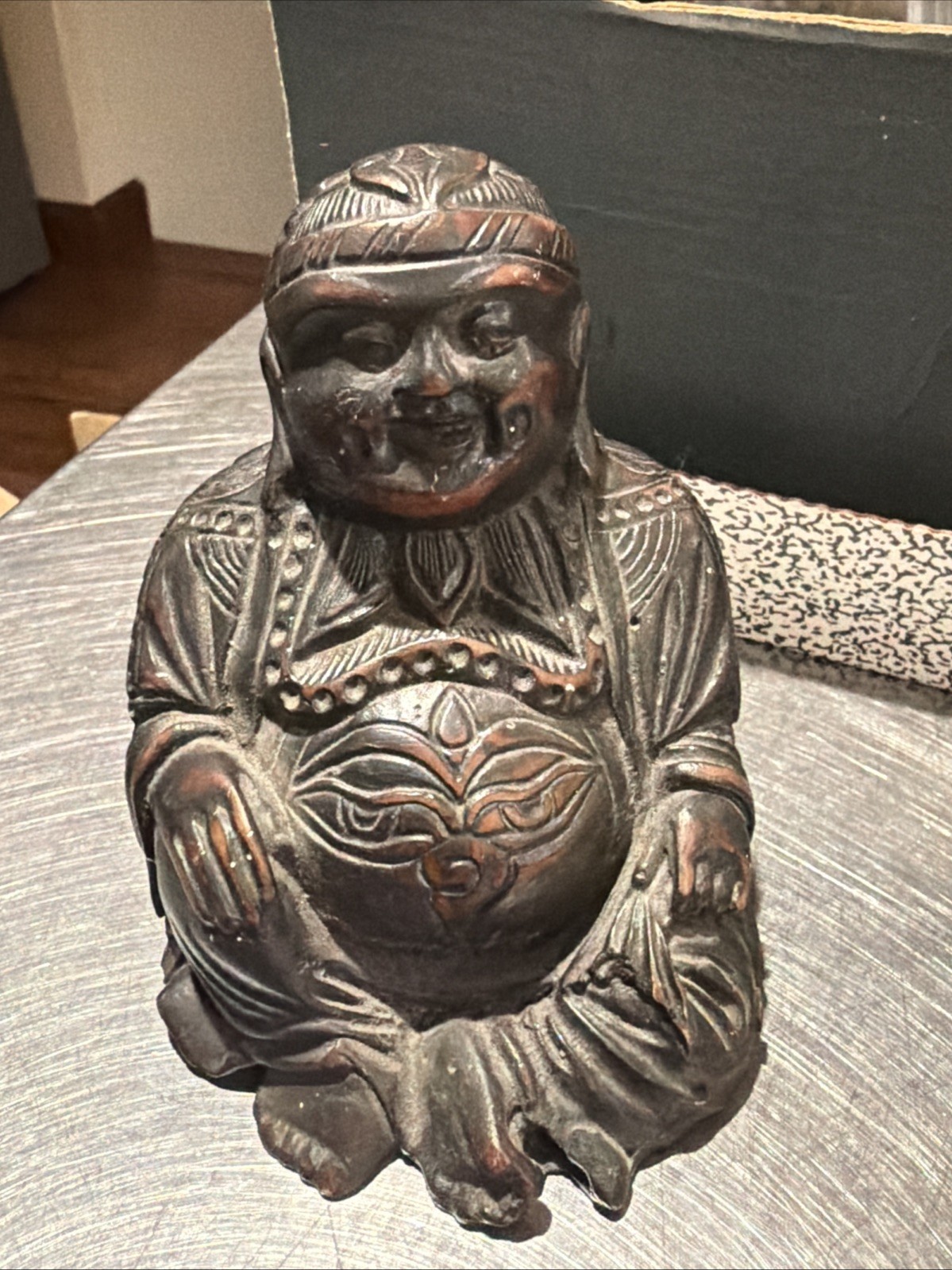 VTG Laughing Smiling Buddha Heavy Carved Wood Resin Used 4\