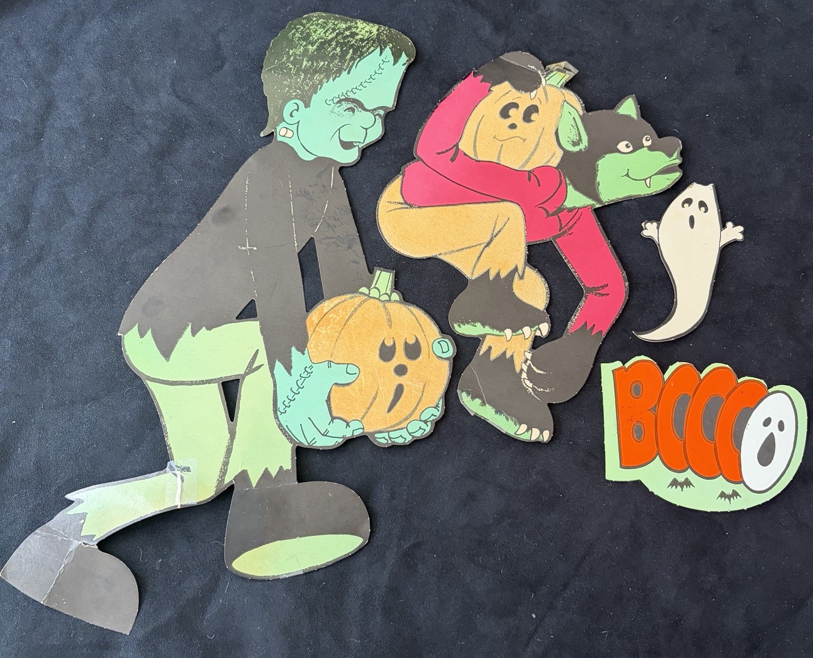 Rare Lot Vintage Halloween Frankenstein Pumpkin Wolf Flocked Die Cut Decoration Rare Lot Vintage Halloween Frankenstein Pumpkin Wolf Flocked Die Cut Decoration