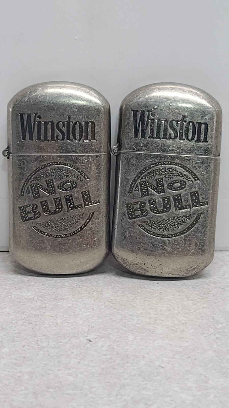 2 Vintage Winston “No Bull” Cigarette Advertising Metal Lighter 2 Vintage Winston “No Bull” Cigarette Advertising Metal Lighter
