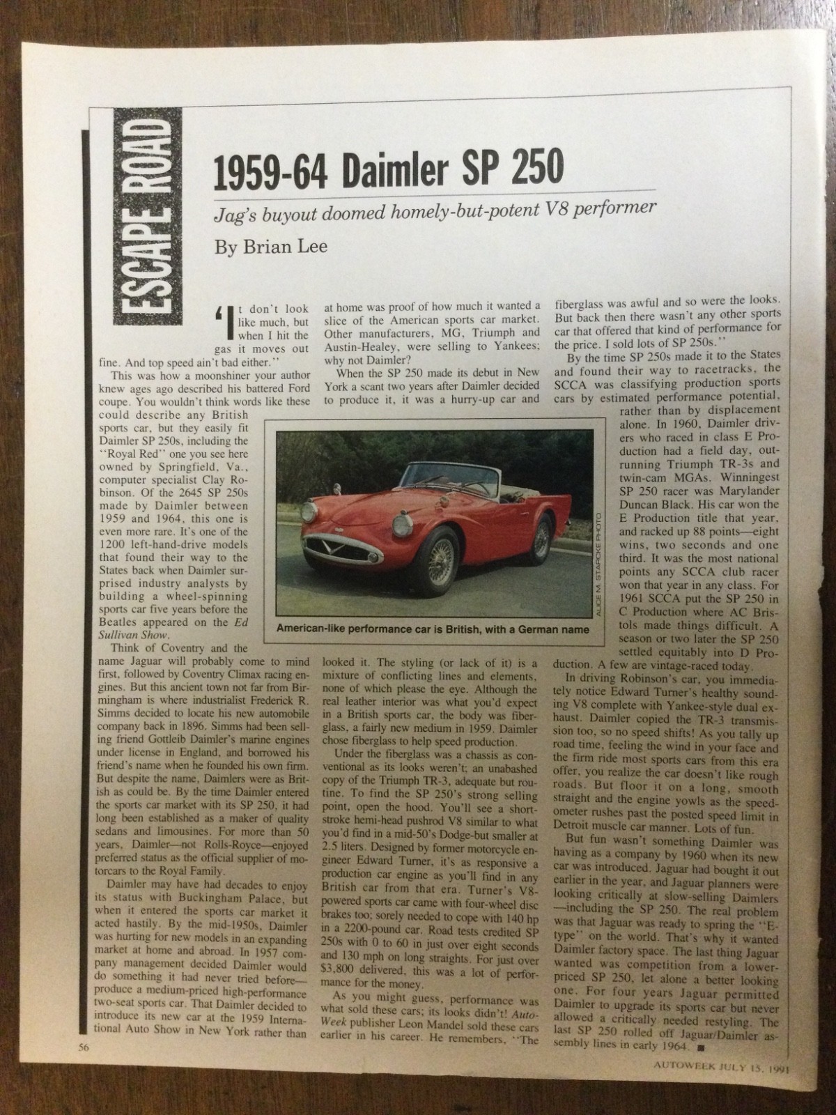 AW 3950 Article Escape Road 1959 - 1964 Daimler SP 250 1 page