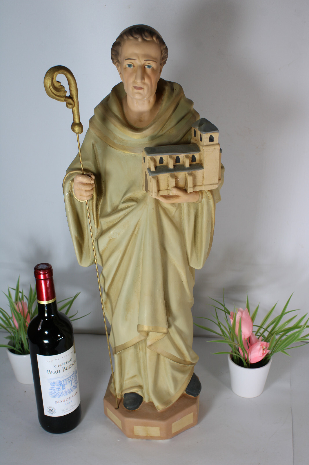 XL Antique chalkware Saint trudo Sint truiden flemish city saint Figurine statue XL Antique chalkware Saint trudo Sint truiden flemish city saint Figurine statue