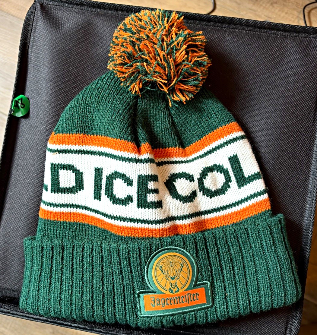Jagermeister Knit Pom-Pom Beanie Hat Green Orange White Distillery Theme Jagermeister Knit Pom-Pom Beanie Hat Green Orange White Distillery Theme